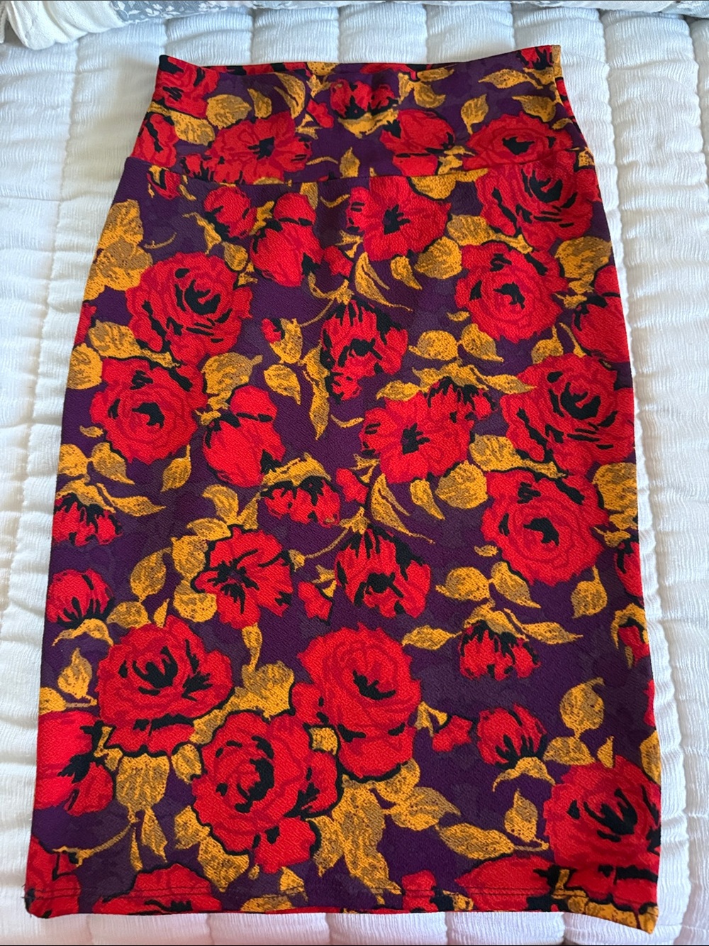 LuLaRoe Red Rose Print Pencil Skirt on Purple Background